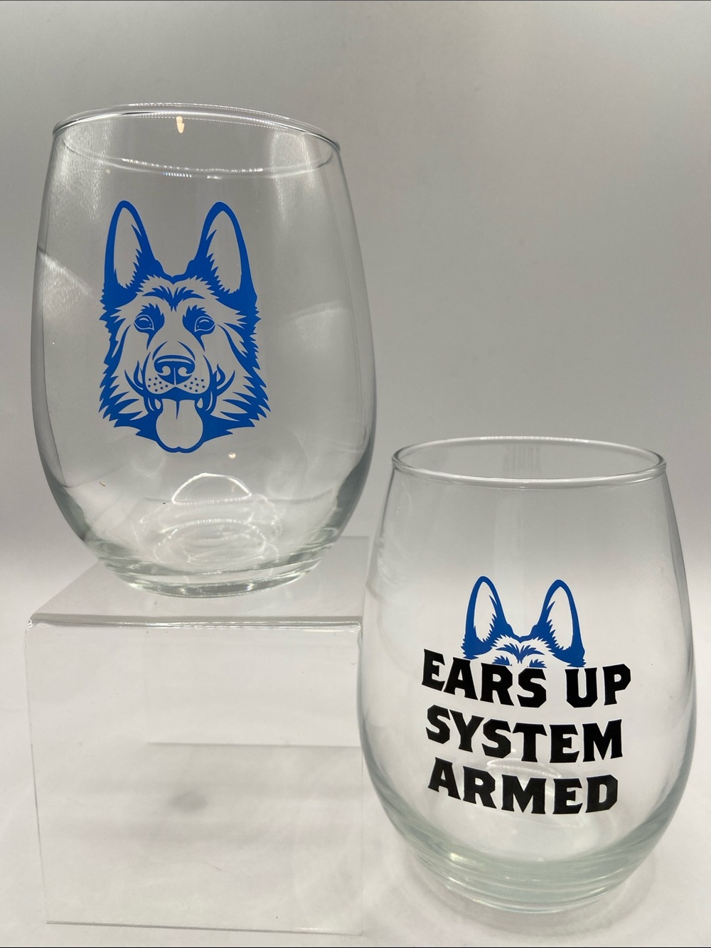 German Shepherd Stemless Wine Glasses Ears Up System Armed Set of 2 New